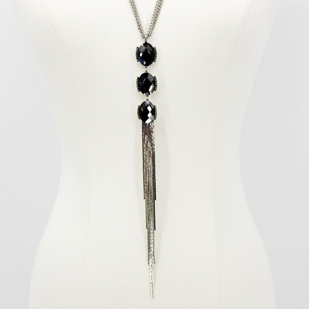 Banana Republic Silver Faceted Crystal Tassel Pendant Long Necklace Statement - Picture 3 of 7